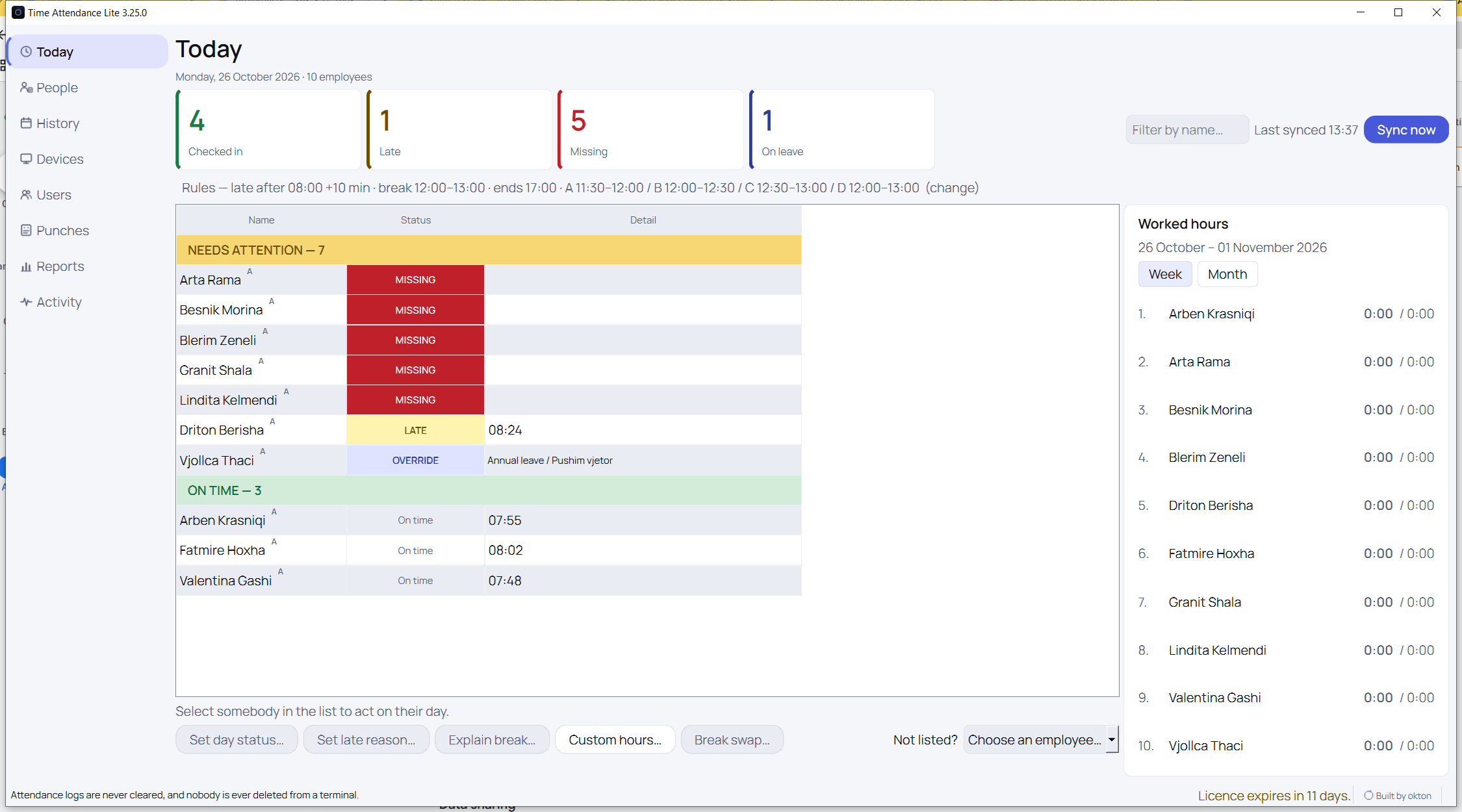 Prezenca \u2014 skeda Sot, me check-in, vonesa dhe mungesa
