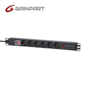 Gainpart PDU 1U 6 Way ON/OFF SWITCH/Alu/EU Plug and socket 2M